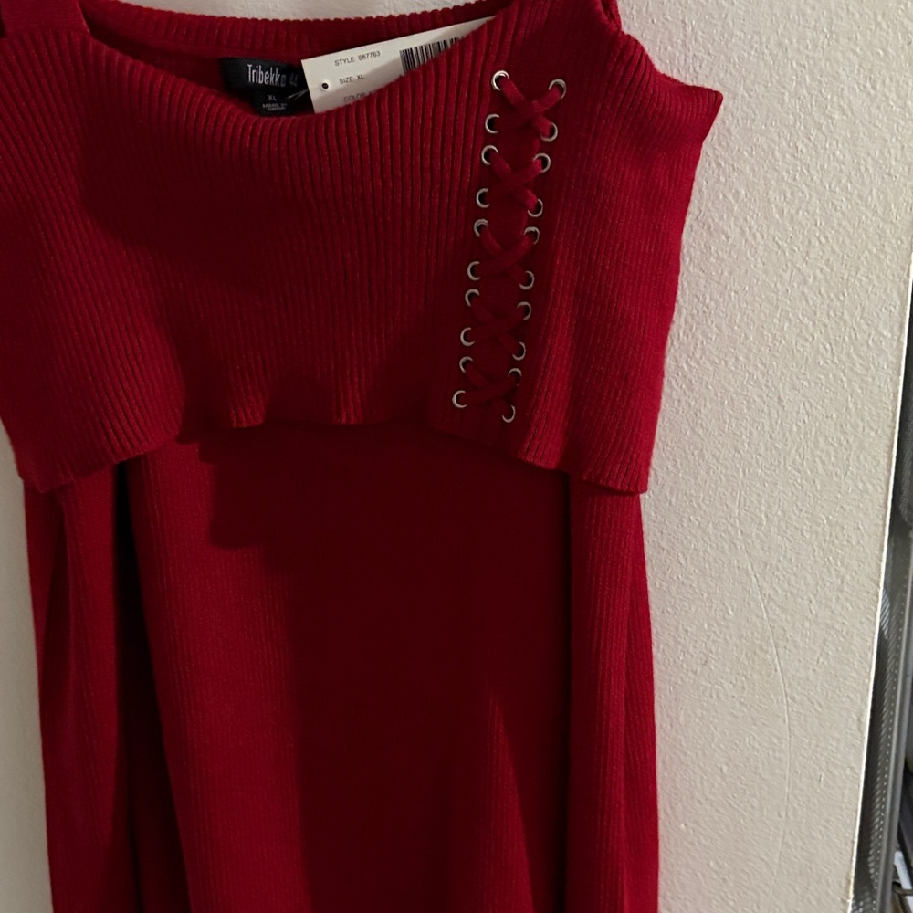 Red Knit Shirt with Lace-Up Detail